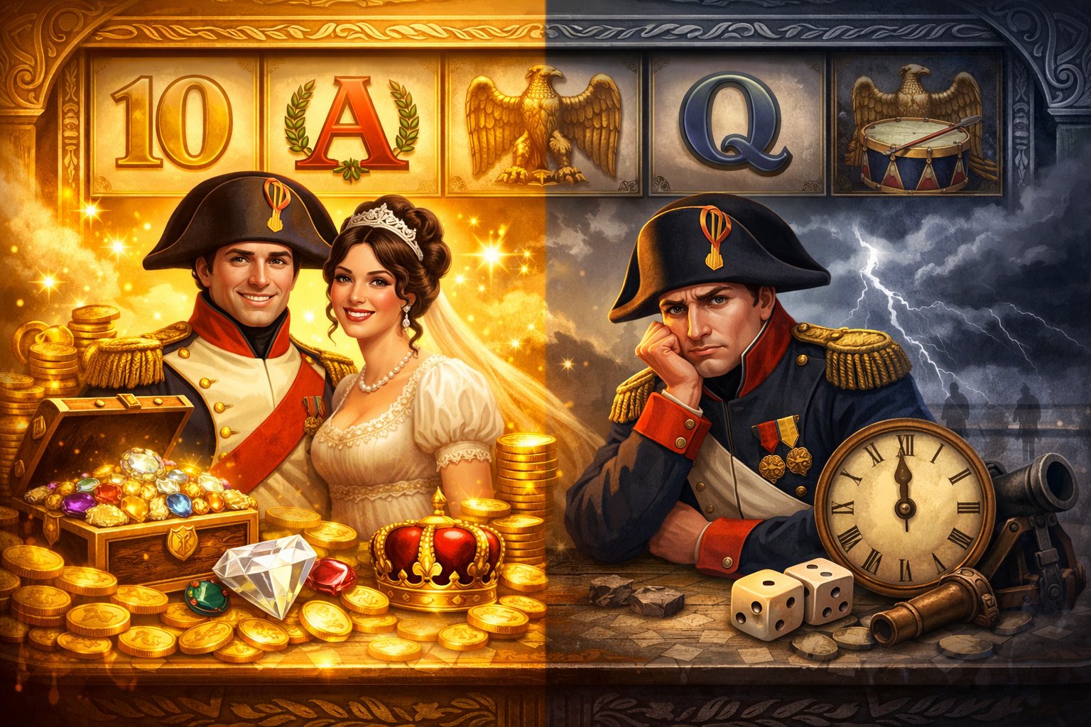 A Balanced Scene Showing Napoleon And Josephine With Symbols Of Fortune On One Side And Subtle Cautionary Elements On The Other, Set Against A Slot Machine Background Inspired By The Napoleonic Era.