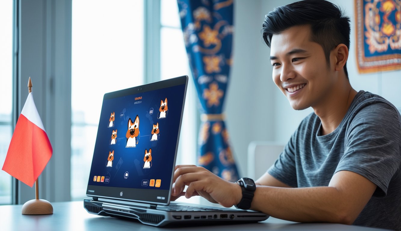 Seorang pemain Indonesia sedang fokus bermain permainan kartu Red Dog secara online di depan laptop di sebuah ruangan modern.