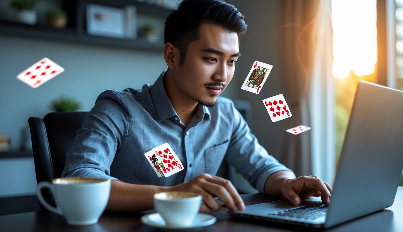 Seorang pria Indonesia sedang fokus bermain permainan kartu online di laptop di ruang kerja rumah yang modern.