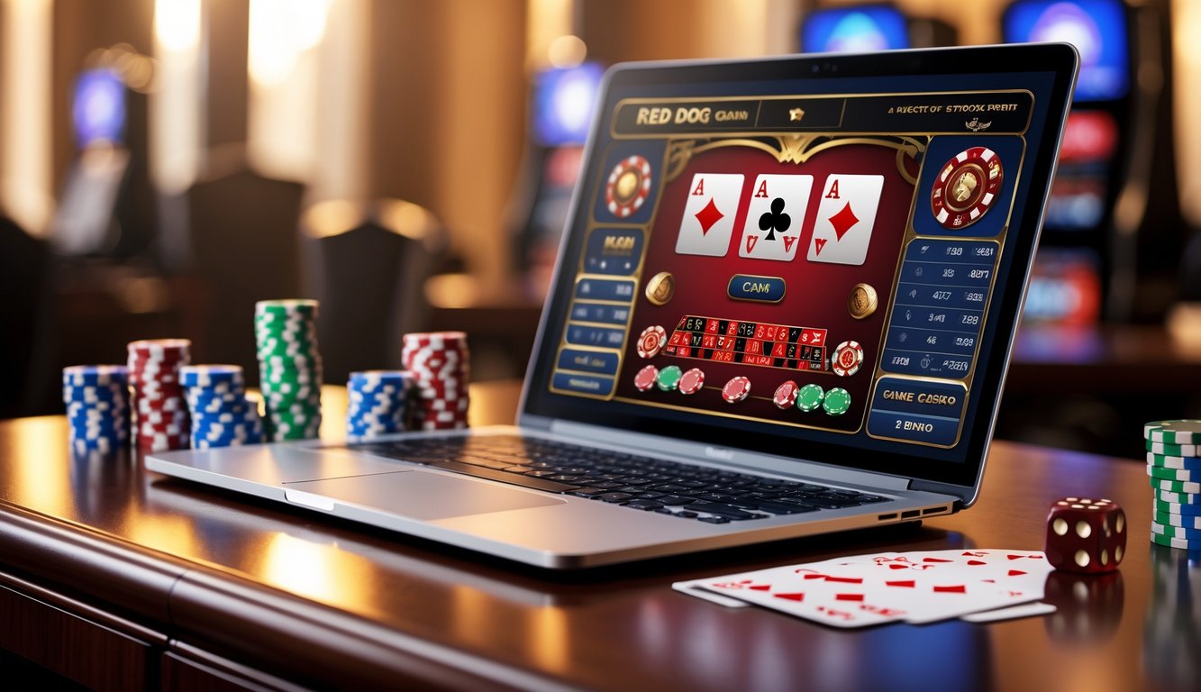 Seorang pengguna sedang bermain permainan kasino Red Dog online di laptop dengan kartu dan chip poker di meja kayu.