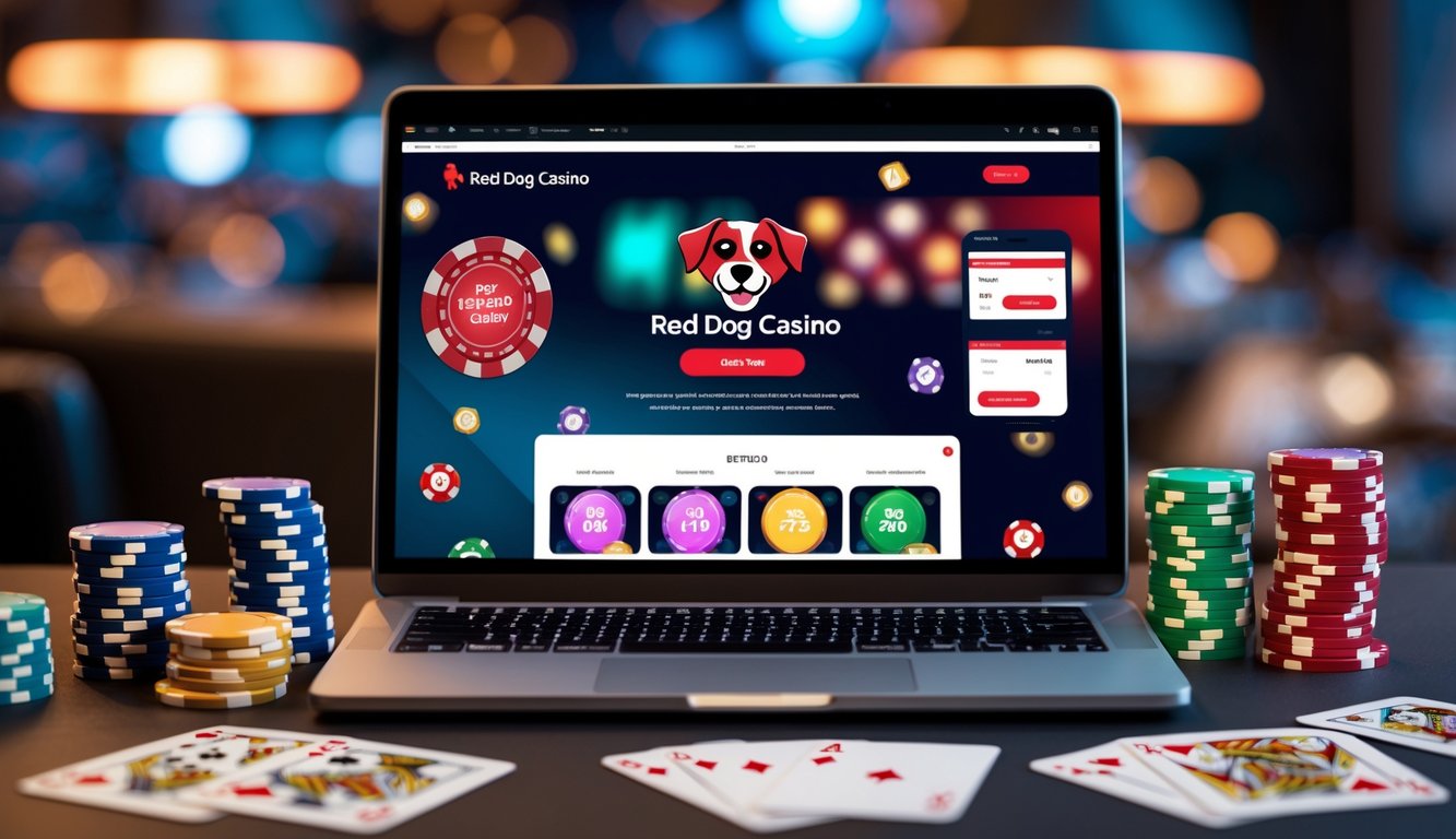 Seorang pengguna sedang bermain kasino online Red Dog di laptop dengan chip poker dan kartu di meja.