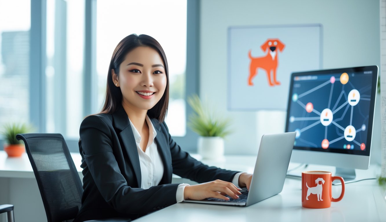 Seorang wanita muda duduk di meja kantor modern menggunakan laptop dan ponsel, dengan suasana kerja yang cerah dan profesional.