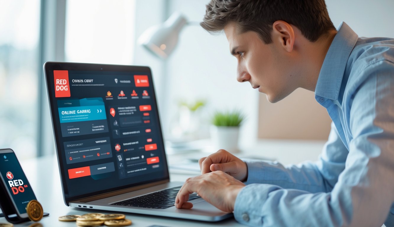 Seseorang duduk di meja kerja dengan laptop yang menampilkan antarmuka permainan online, dikelilingi oleh elemen terkait permainan seperti kartu dan chip.