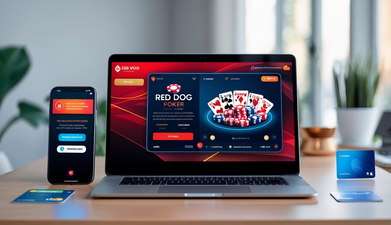 Seseorang menggunakan komputer dengan permainan kasino Red Dog online di layar, dikelilingi oleh perangkat pembayaran digital di meja yang rapi.