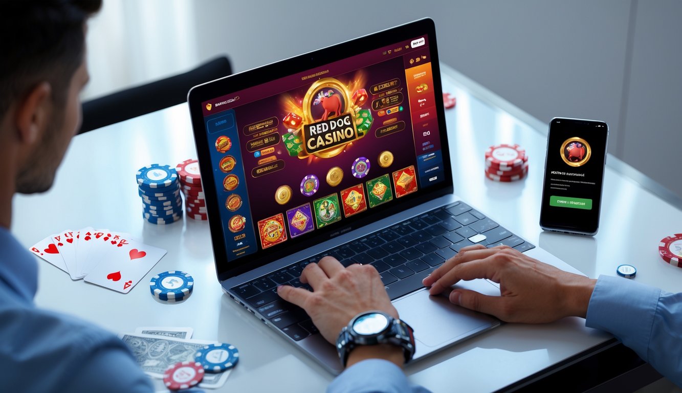 Seseorang menggunakan komputer dengan tampilan situs casino Red Dog dan notifikasi pembayaran berhasil di layar.