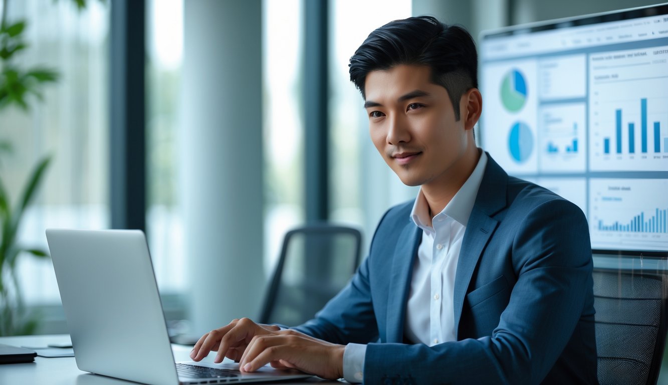 Seorang pria muda duduk di meja kantor dengan laptop, sedang menganalisis data di layar dalam suasana kantor modern.