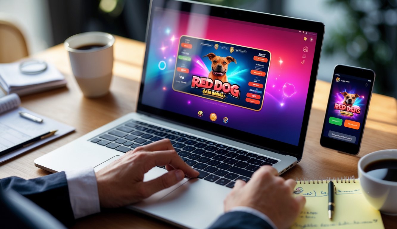 Seorang pria menggunakan laptop dan ponsel untuk bermain permainan kartu Red Dog online di meja kerja dengan catatan dan kopi.