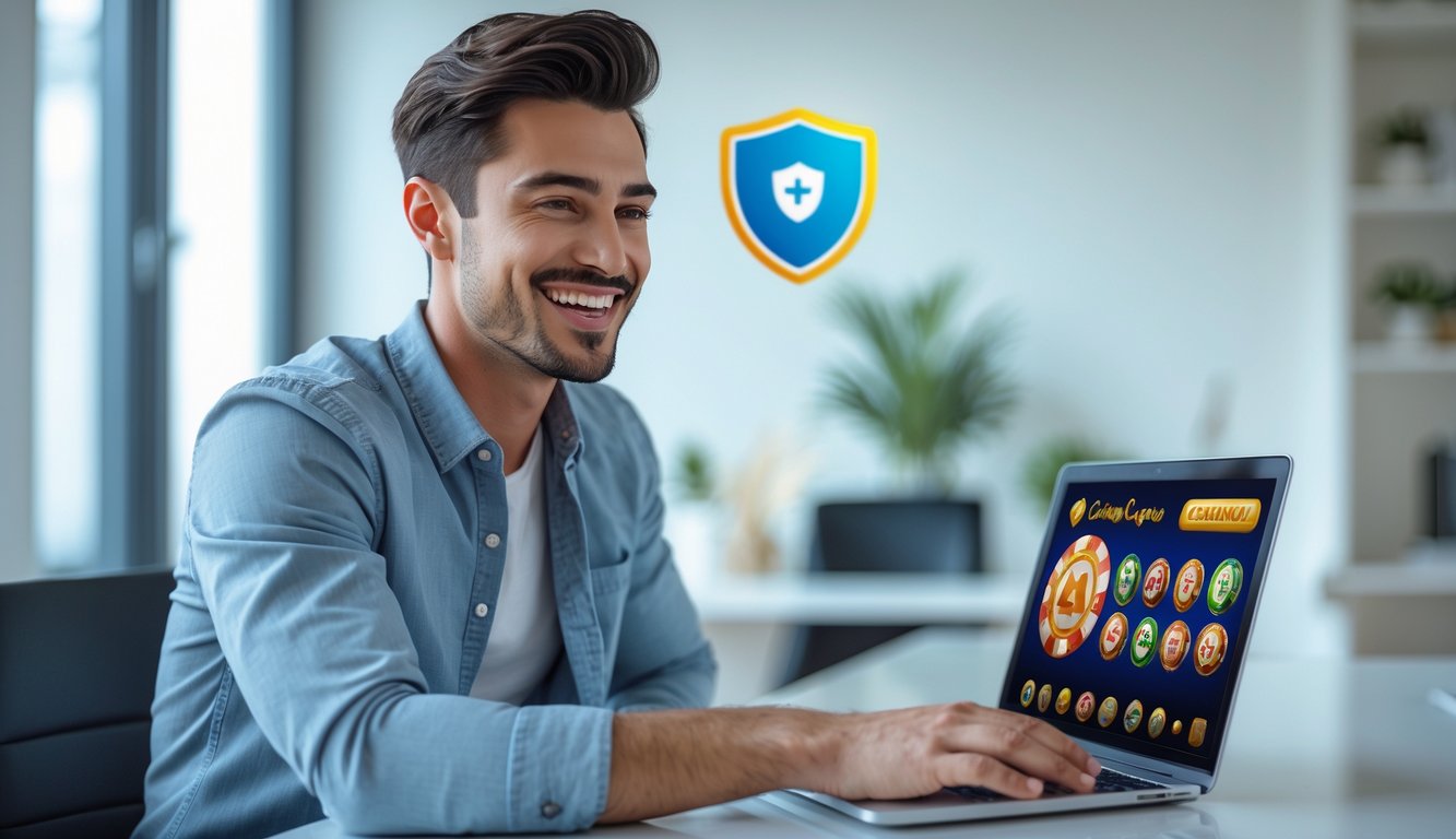 Seorang pria muda tersenyum duduk di depan laptop di ruang kerja rumah yang rapi, sedang bermain permainan kasino online dengan ekspresi fokus dan senang.