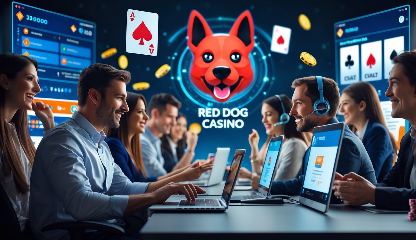 Beberapa orang menggunakan perangkat digital di lingkungan kasino online dengan perwakilan layanan pelanggan yang ramah mengenakan headset siap membantu.