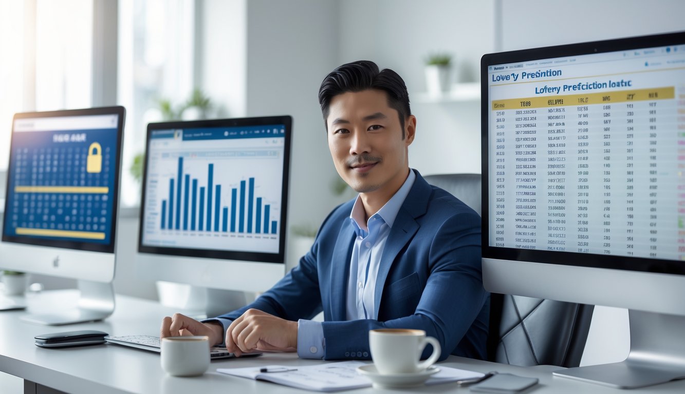 Seorang pria Asia duduk di meja kantor modern dengan beberapa layar komputer yang menampilkan data dan grafik, terlihat fokus dan percaya diri.