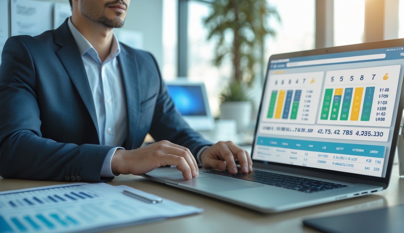 Seorang agen togel yang percaya diri duduk di meja kantor modern dengan laptop terbuka menampilkan grafik dan angka, menunjukkan suasana kerja yang aman dan akurat.