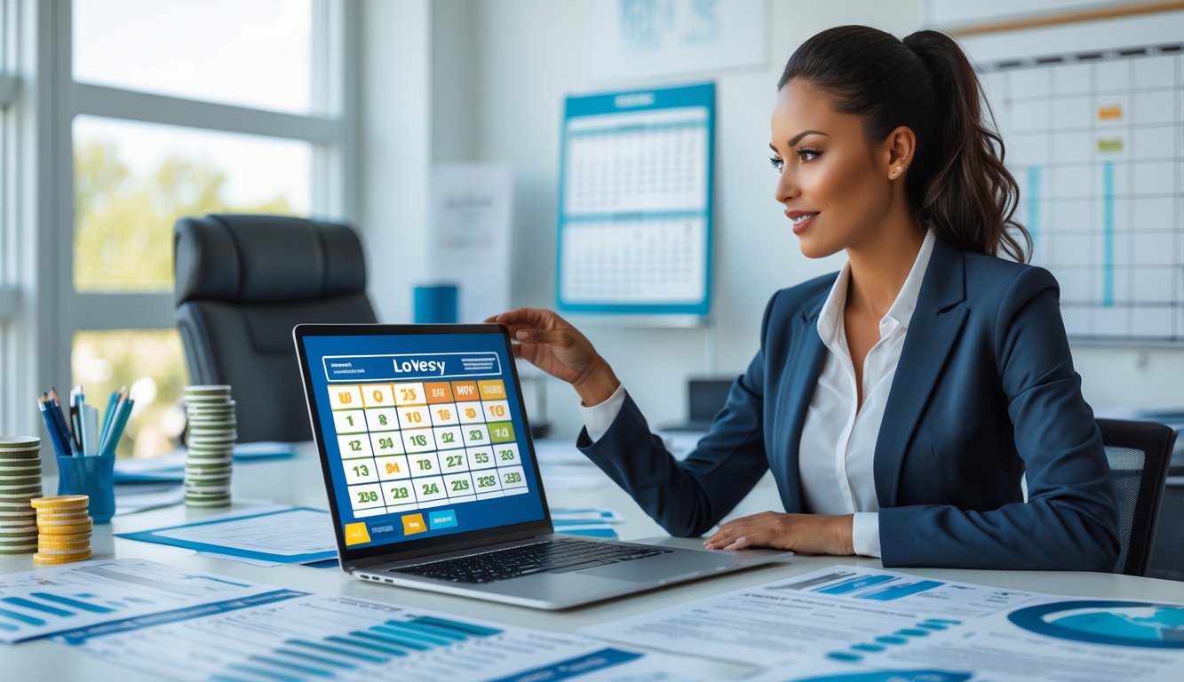 Seorang wanita profesional duduk di meja kantor modern sambil menganalisis data togel di layar laptop dengan dokumen dan grafik di sekitarnya.