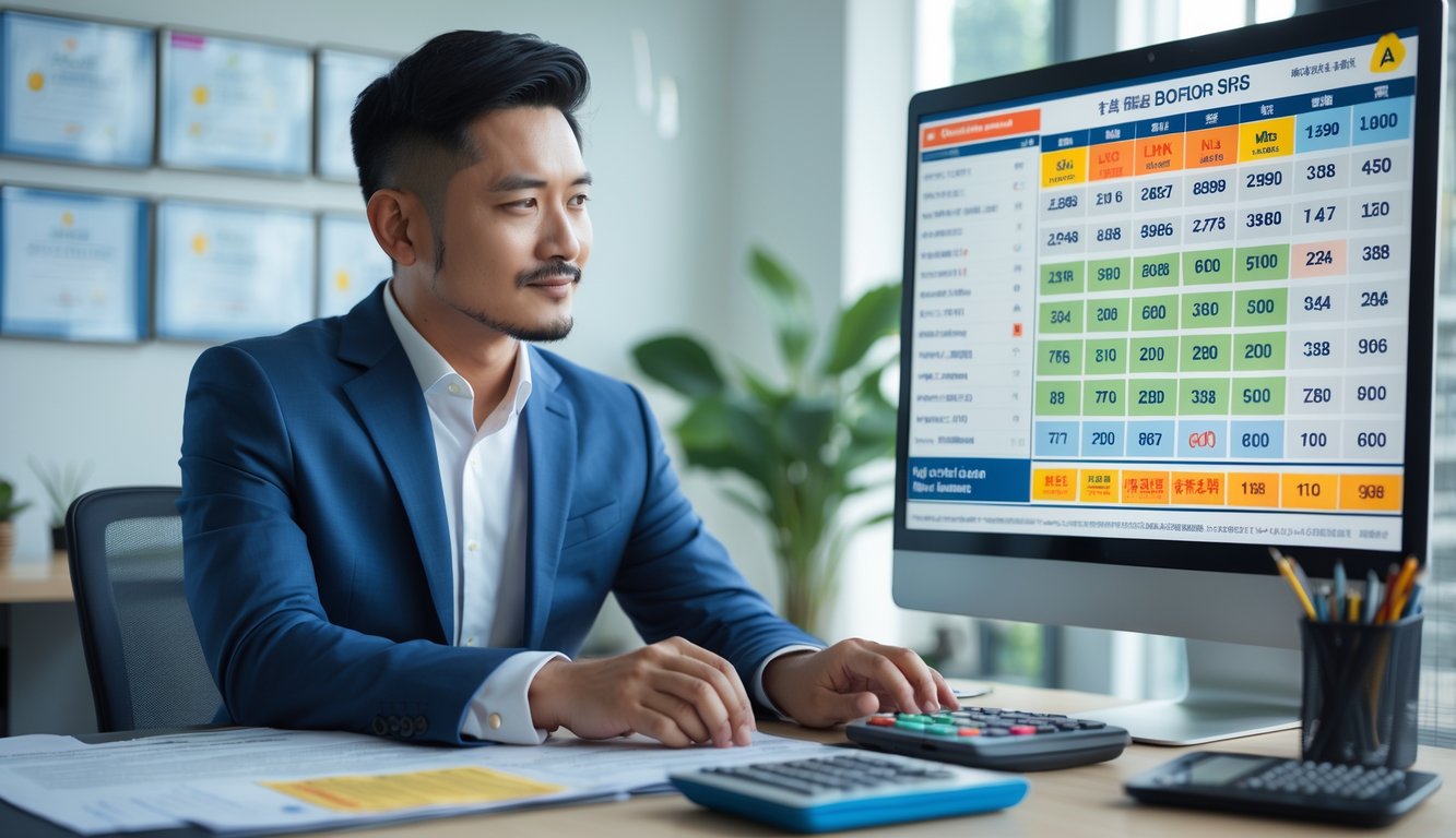 Seorang pria Asia Tenggara berpakaian rapi sedang menganalisis data togel di depan komputer di ruang kantor yang terang dan rapi.