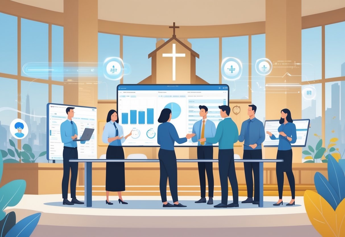 Church staff working together around a digital table with holographic AI icons in a church office setting. Church staff working together around a digital table with holographic AI icons in a church office setting.