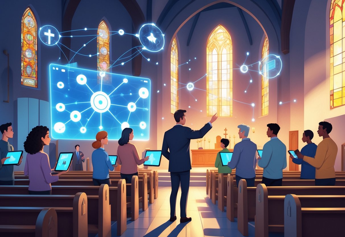 A church scene where people use digital devices and a leader gestures toward a floating digital screen showing connected networks, blending traditional church elements with modern technology. A church scene where people use digital devices and a leader gestures toward a floating digital screen showing connected networks, blending traditional church elements with modern technology.