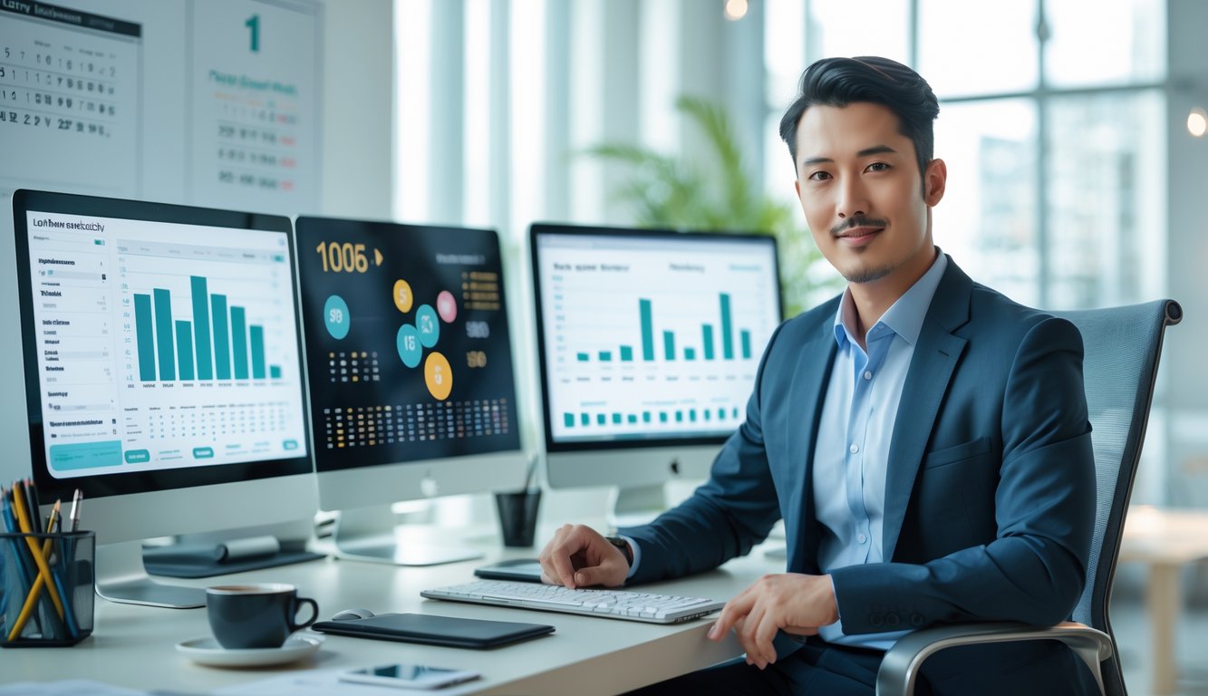 Seorang profesional bisnis duduk di meja kerja dengan beberapa layar komputer menampilkan grafik dan data prediksi angka togel, di ruang kantor yang rapi dan terang.