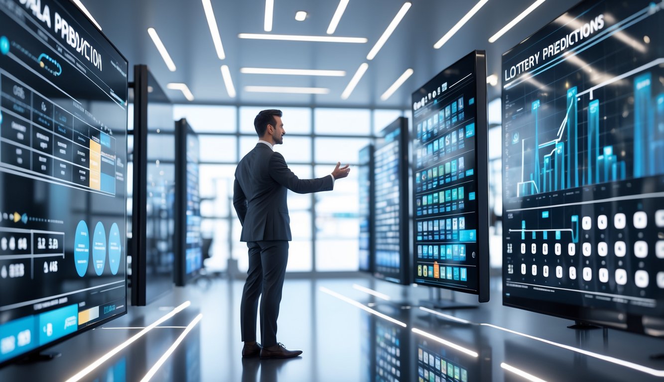 Seorang profesional di kantor modern sedang menganalisis data pada layar digital dengan grafik dan angka terkait prediksi togel.