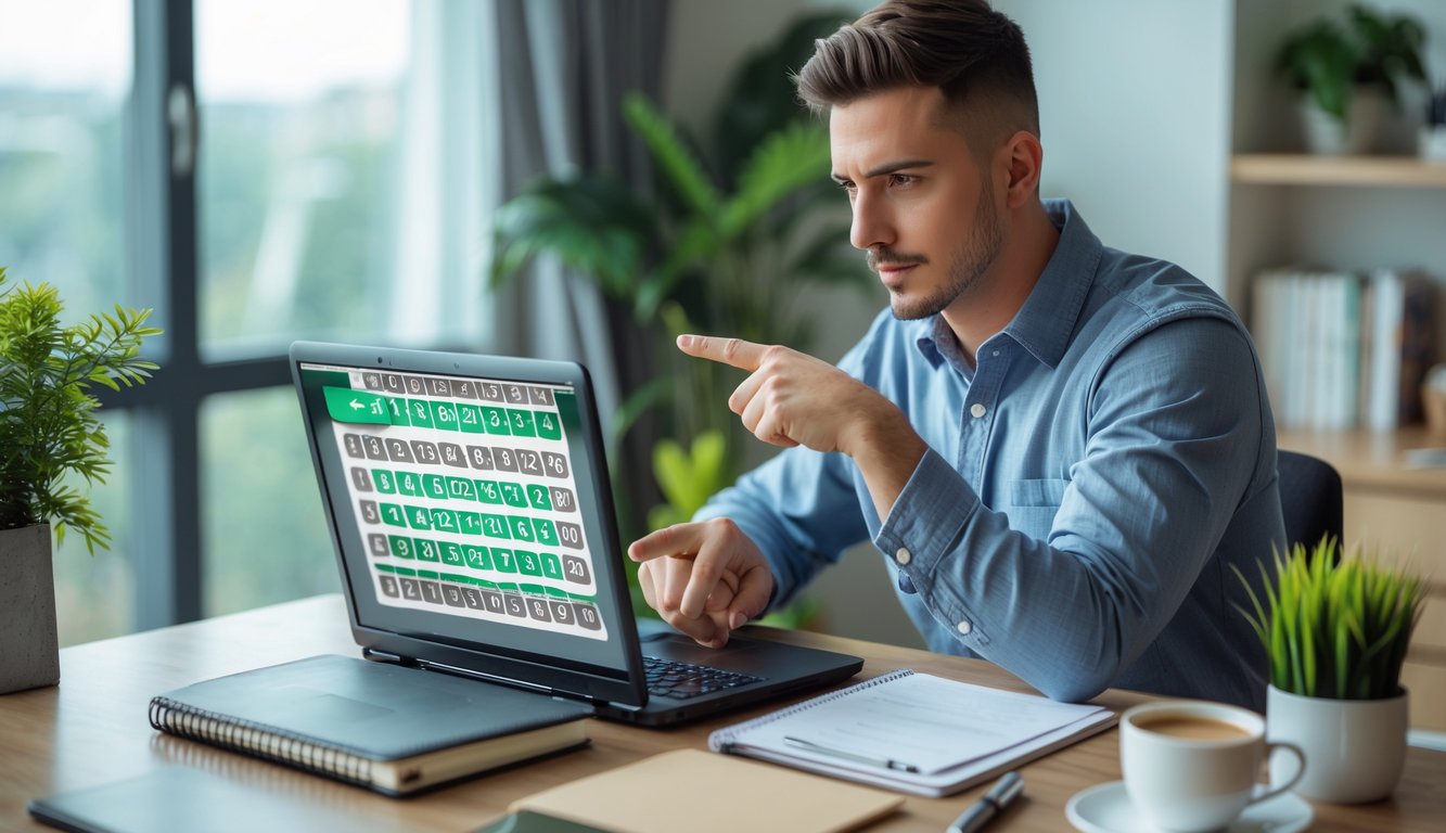 Seorang pria muda duduk di meja dengan laptop, mencermati angka togel sambil menunjuk layar, di ruangan terang dengan jendela dan tanaman.