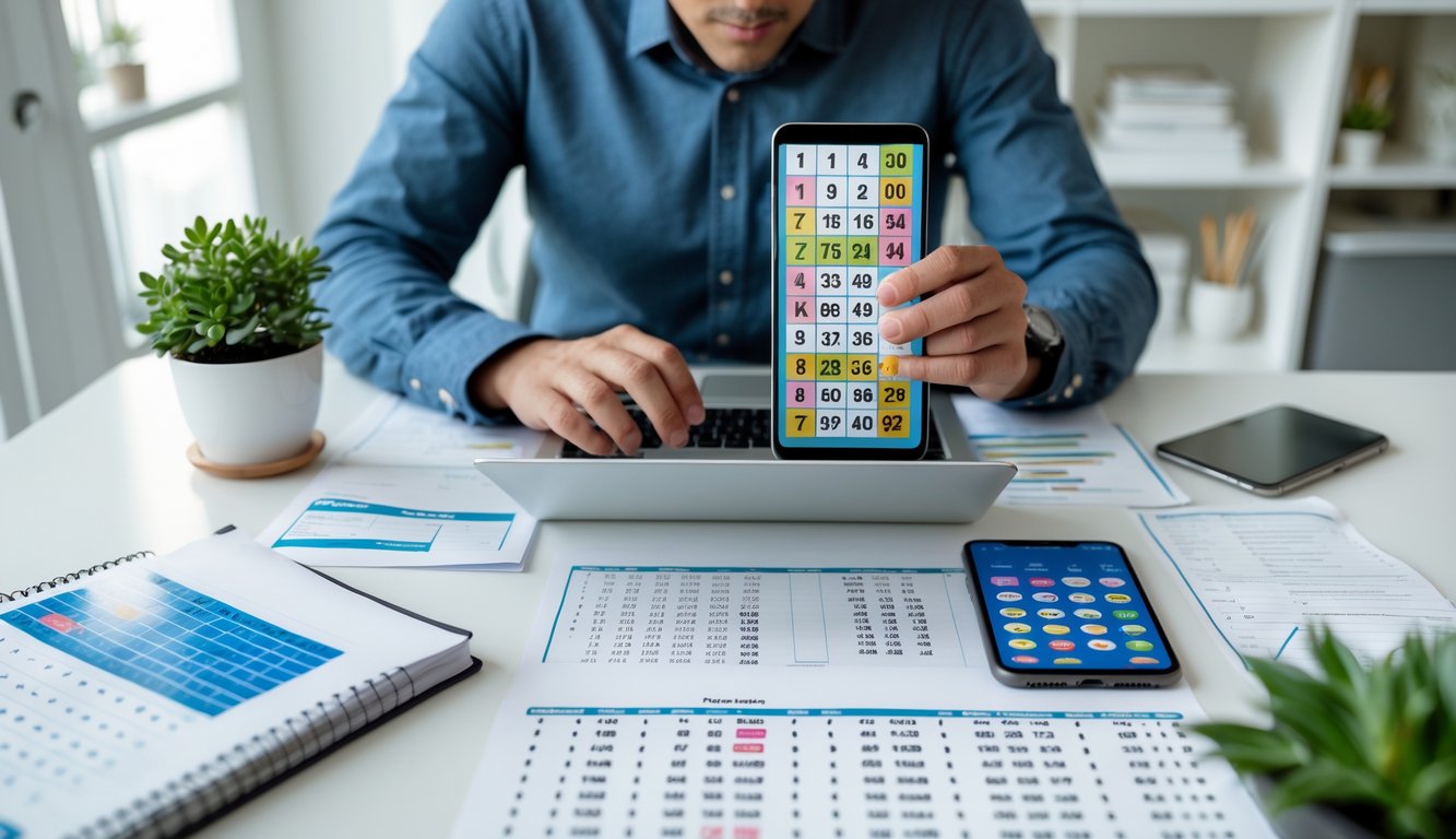 Seorang individu sedang fokus menganalisis angka togel di depan laptop dengan meja kerja yang rapi dan beberapa dokumen di sekitarnya.