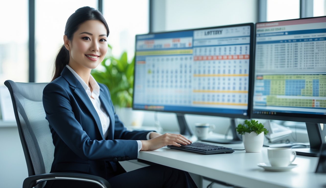 Seorang wanita profesional sedang bekerja di kantor modern dengan beberapa layar komputer menampilkan data angka dan grafik.