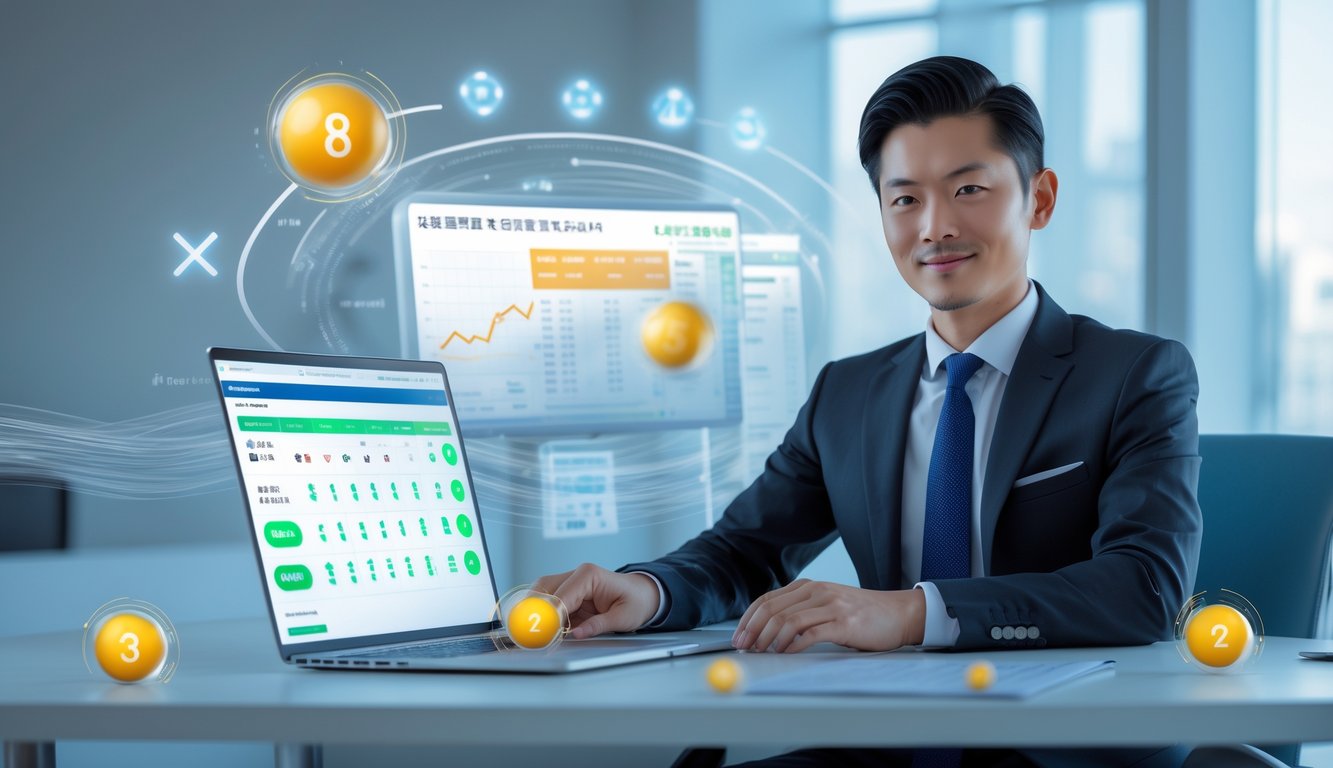 Seorang profesional duduk di meja kerja dengan laptop, dikelilingi oleh elemen visual yang melambangkan keakuratan dan layanan unggulan agen togel Hong Kong.