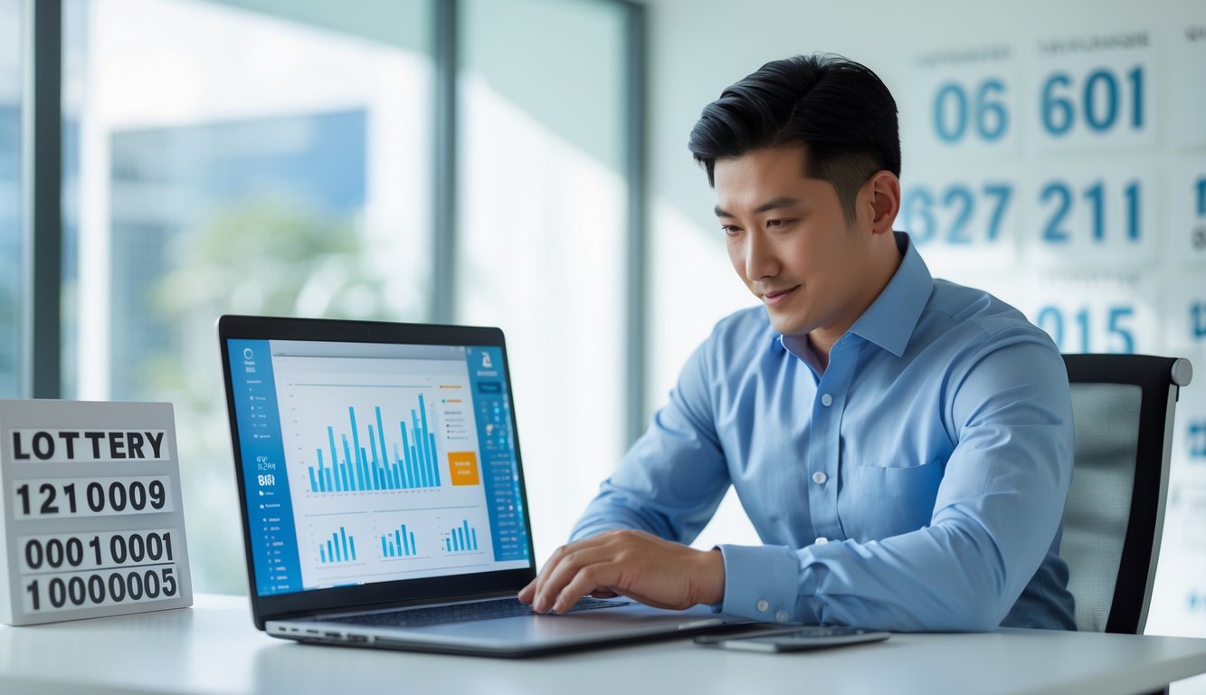 Seorang pria Asia Tenggara duduk di meja kantor modern sambil melihat layar laptop dengan grafik dan data, menunjukkan suasana kerja yang profesional dan fokus.