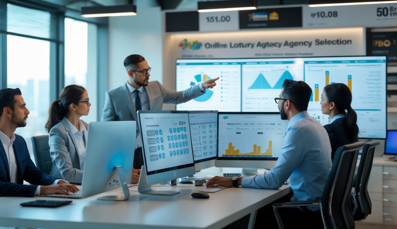 Sekelompok profesional sedang berdiskusi dan menganalisis data di kantor modern dengan layar komputer yang menampilkan statistik togel.