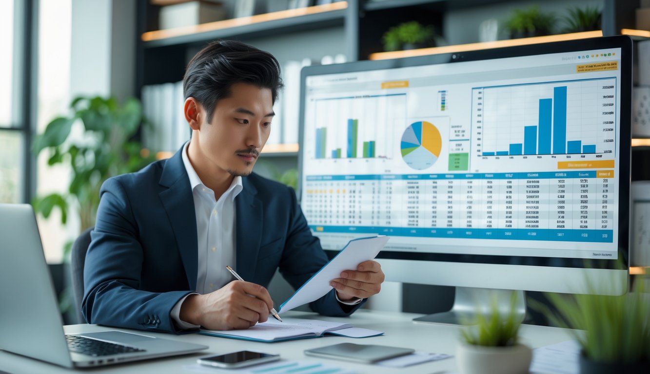 Seorang pria Asia berpakaian rapi sedang menganalisis grafik prediksi togel di kantor modern dengan komputer dan catatan di mejanya.