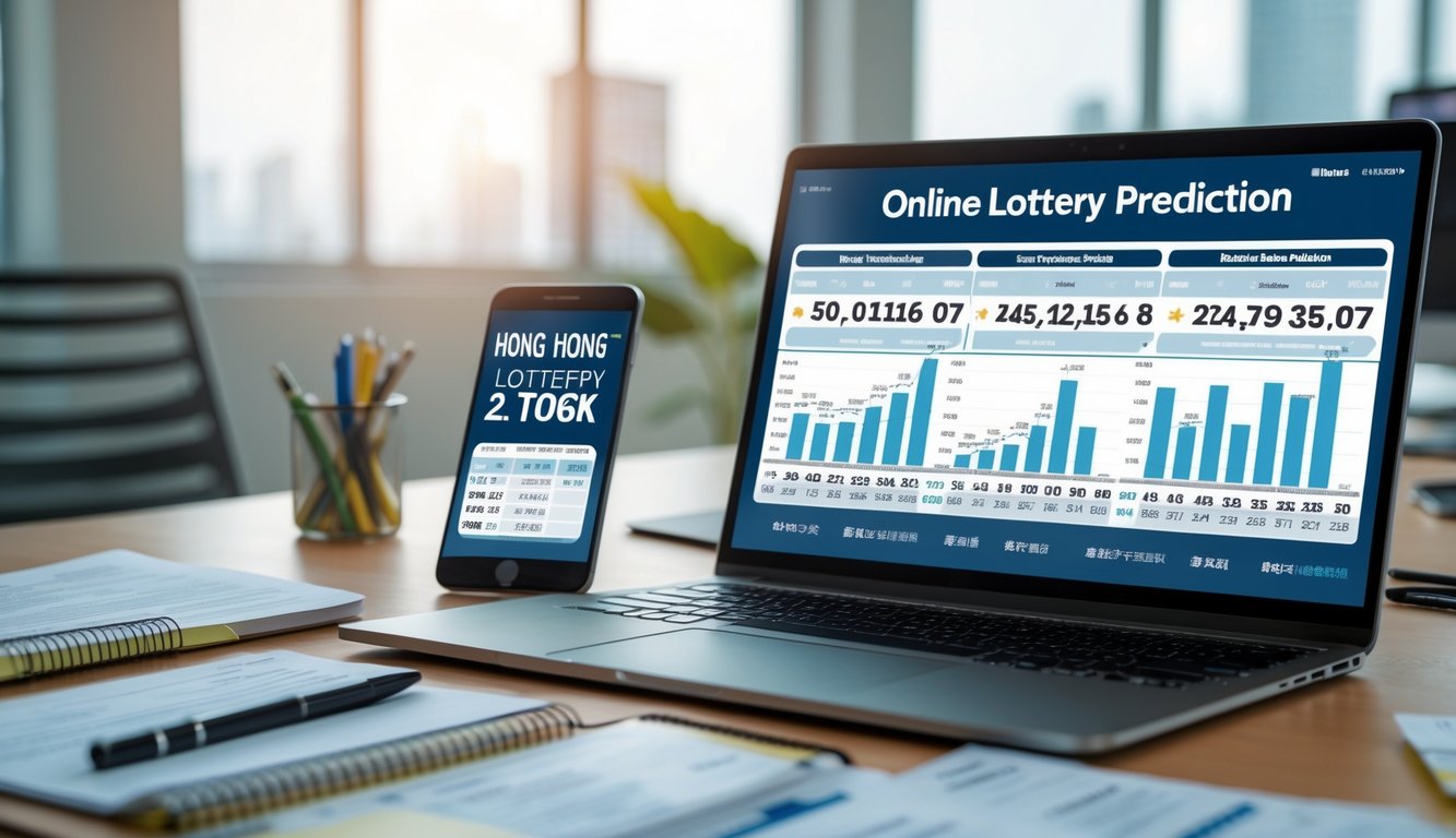Meja kerja dengan laptop yang menampilkan grafik prediksi togel Hong Kong, dikelilingi catatan dan ponsel, di ruang kantor yang rapi dan terang.
