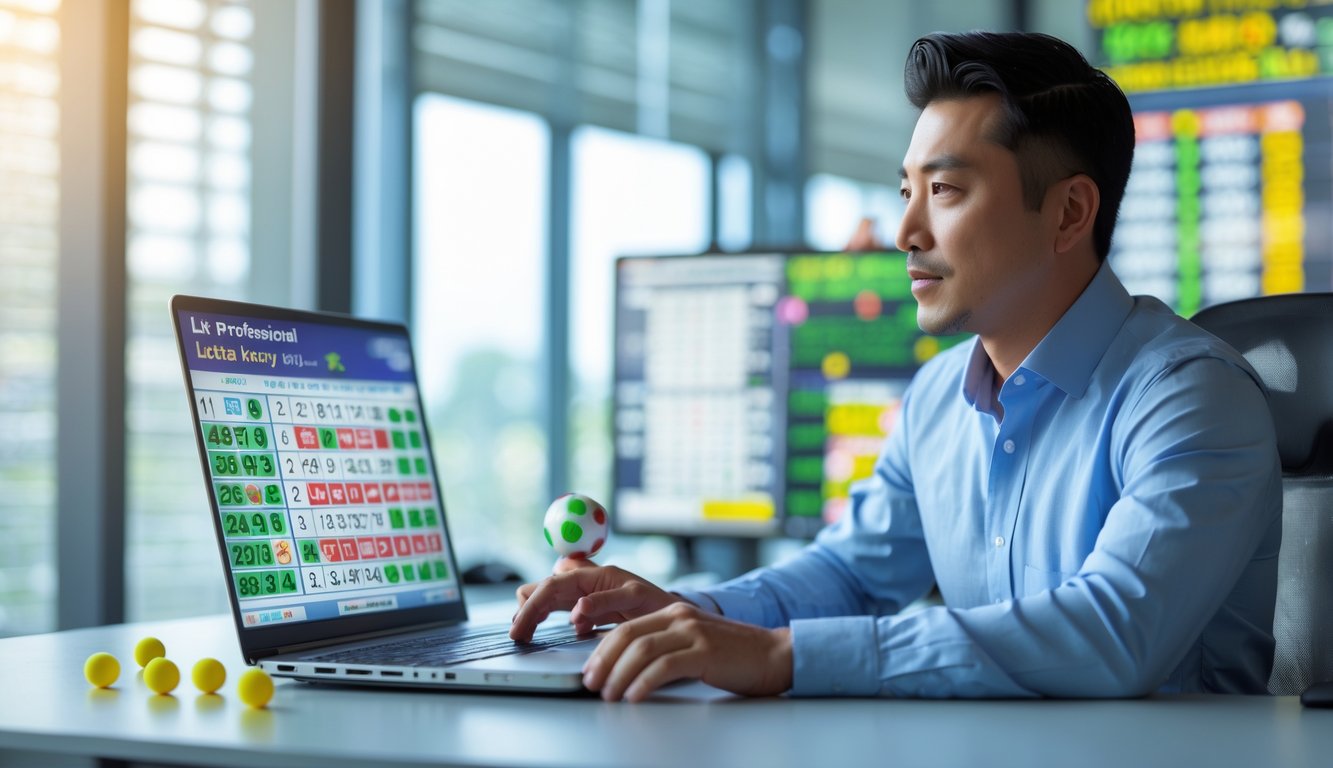 Seorang pria Asia duduk di meja kantor modern sambil melihat layar laptop dengan grafik data togel, menunjukkan fokus dan kepercayaan diri.