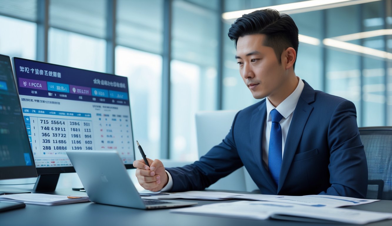 Seorang pria Asia duduk di meja kantor modern sambil melihat layar komputer yang menampilkan angka togel dengan ekspresi fokus.