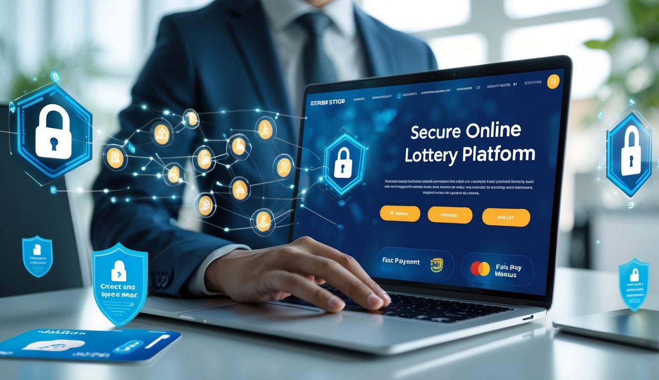 Seorang profesional menggunakan laptop di kantor modern dengan ikon keamanan dan metode pembayaran digital di latar belakang.