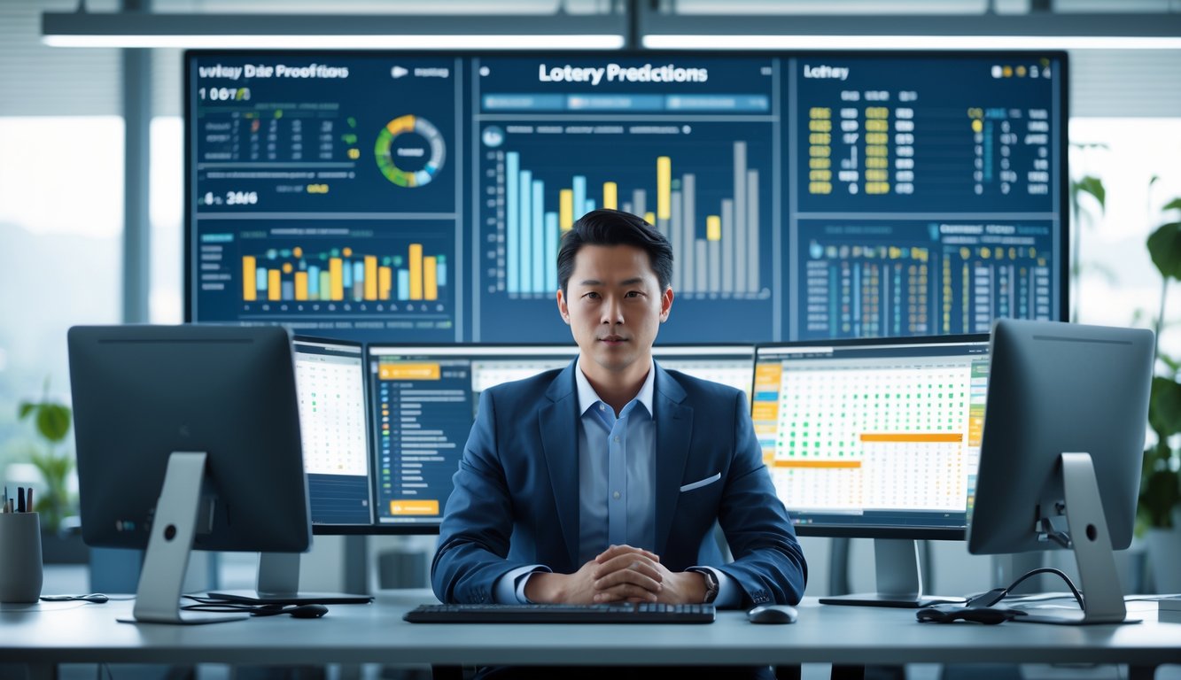 Seorang profesional bisnis sedang bekerja di meja dengan beberapa monitor yang menampilkan grafik dan data prediksi lotere dalam lingkungan kantor yang rapi dan terang.