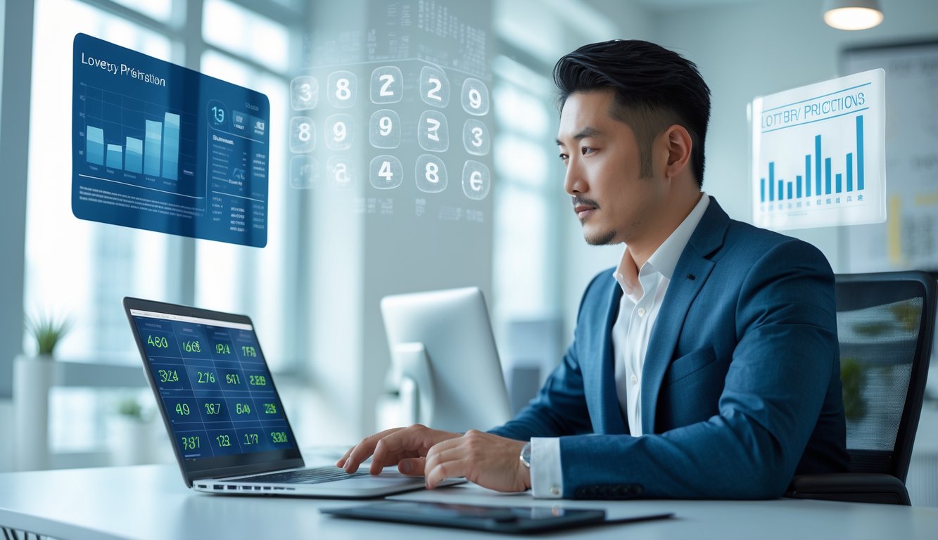 Seorang pria Asia berpakaian rapi duduk di meja kantor modern sambil melihat layar laptop yang menampilkan grafik dan angka, menunjukkan suasana kerja yang profesional dan fokus.