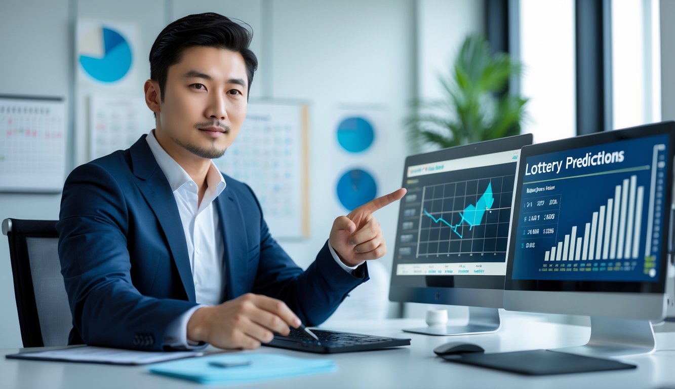 Seorang pria Asia yang percaya diri duduk di meja modern dengan beberapa perangkat digital menampilkan grafik dan angka, di ruang kantor yang terang dan rapi.