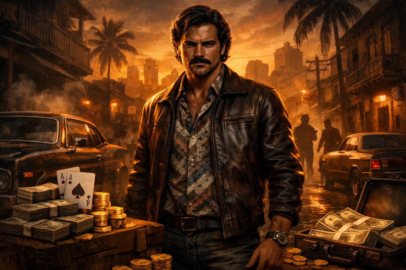 A Man Stands Confidently In A City Street With Palm Trees And Vintage Cars, Surrounded By Money And Coins Under Warm Sunset Lighting.