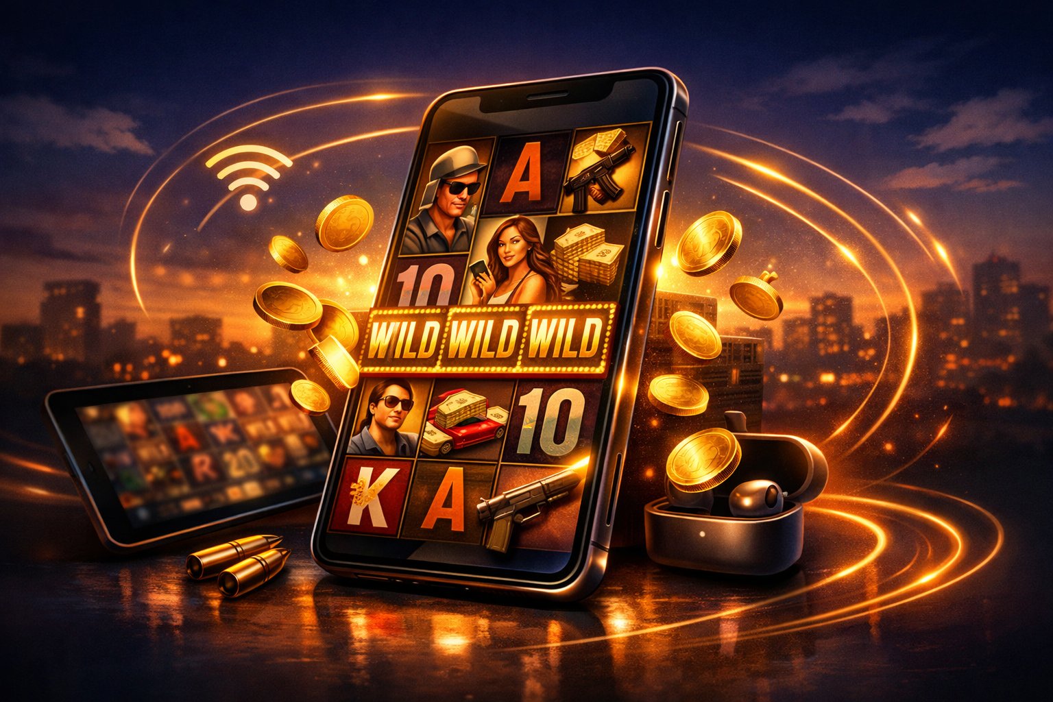 A Smartphone Displaying Colorful Slot Game Reels With Coins And Playing Card Symbols, Surrounded By Abstract Elements Representing Mobile Connectivity.