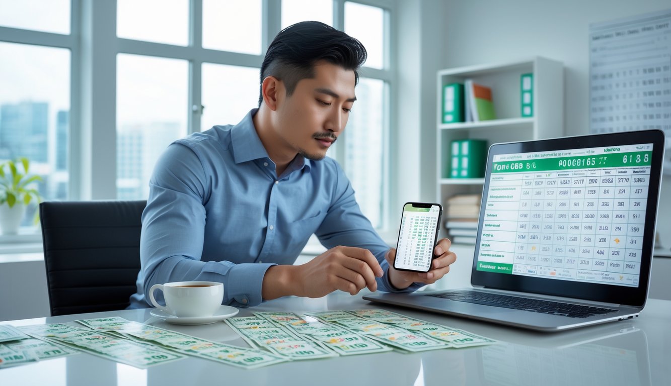 Seorang pria Asia duduk di meja kantor modern sambil memeriksa tiket lotere dan grafik di laptop dengan fokus.