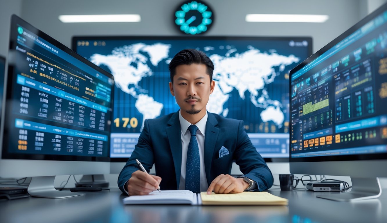 Seorang pria Asia Tenggara duduk di meja kantor modern dengan beberapa layar komputer menampilkan data dan grafik terkait togel, fokus menganalisis informasi.