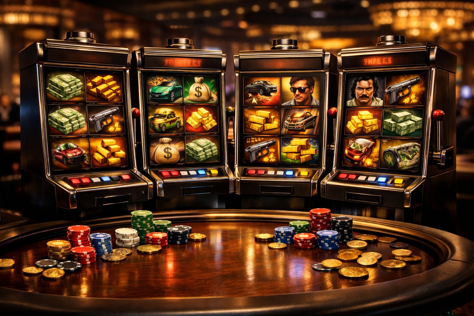 A Casino Table With Several NarcosThemed Slot Machines, Casino Chips, And Coins In A Dimly Lit Casino Setting.