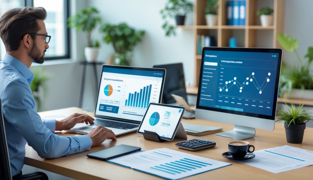 Seorang profesional duduk di meja kantor dengan perangkat digital dan dokumen, meninjau data keuangan dalam ruang kerja yang terang dan rapi.