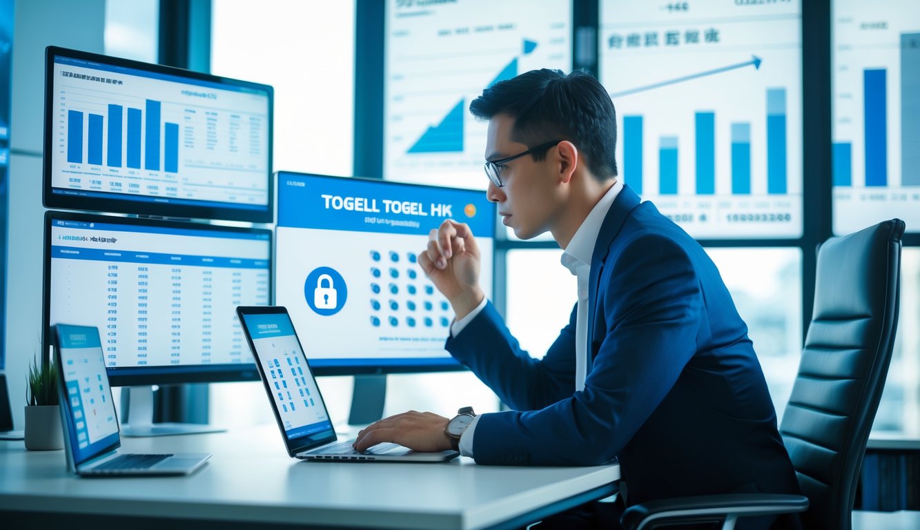 Seorang profesional sedang menganalisis data di depan beberapa layar digital dengan grafik dan angka lotere di kantor modern.