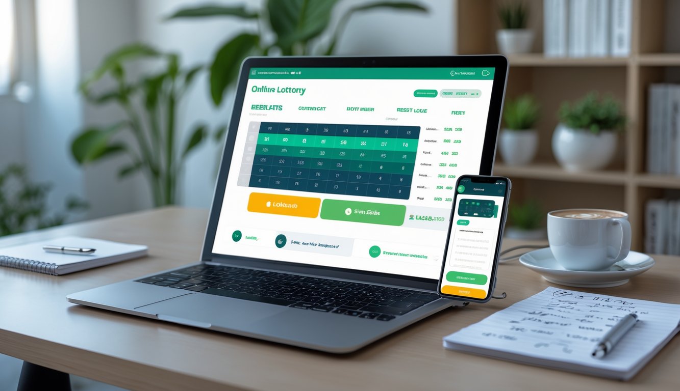 Meja kerja modern dengan laptop dan ponsel yang menampilkan antarmuka digital terkait hasil togel, diiringi cangkir kopi dan alat tulis di sekitarnya.