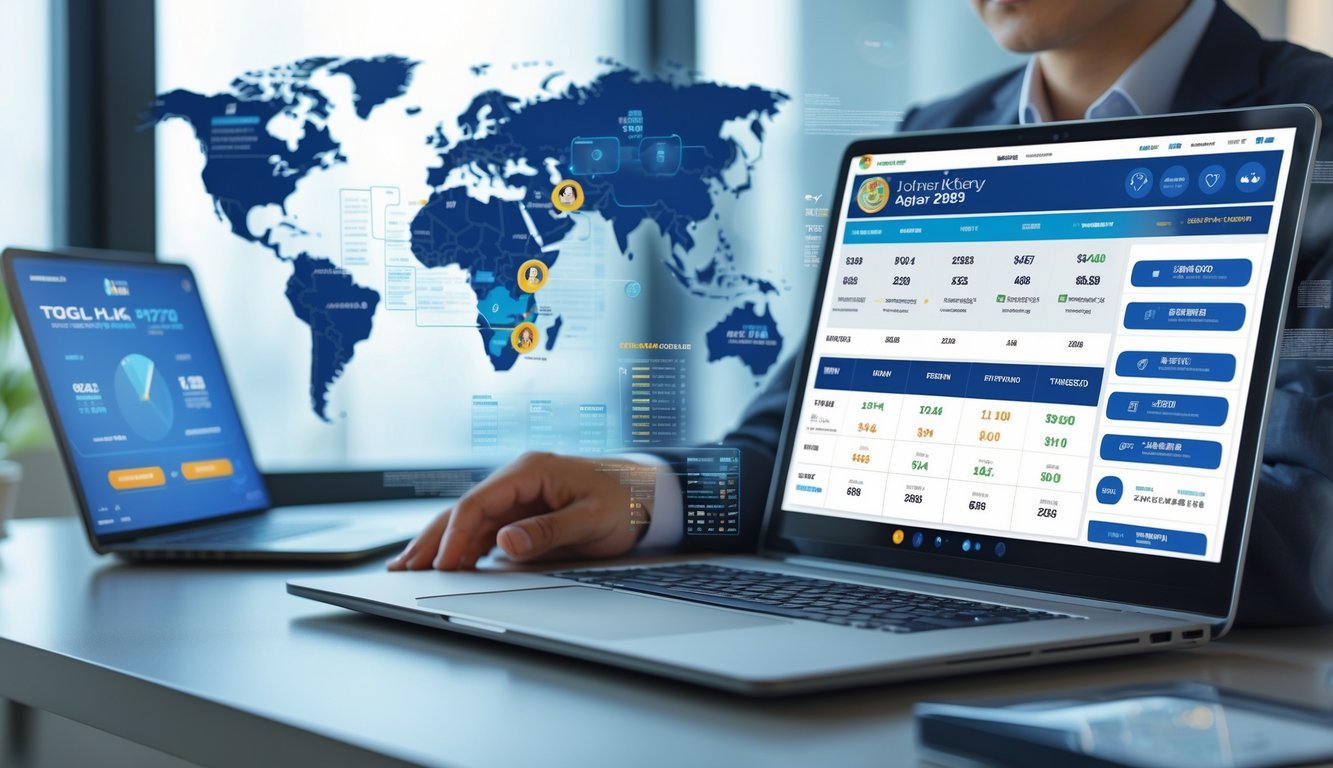 Seorang profesional sedang bekerja dengan laptop yang menampilkan data lotere Hong Kong di meja kerja yang rapi.