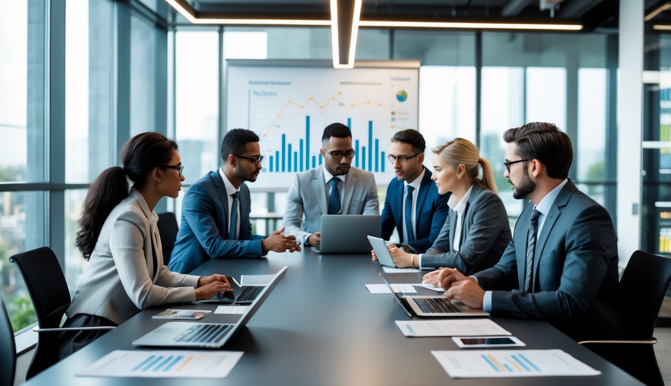 Sekelompok profesional bisnis sedang berdiskusi serius di meja konferensi di kantor modern dengan peralatan kerja seperti laptop dan tablet.