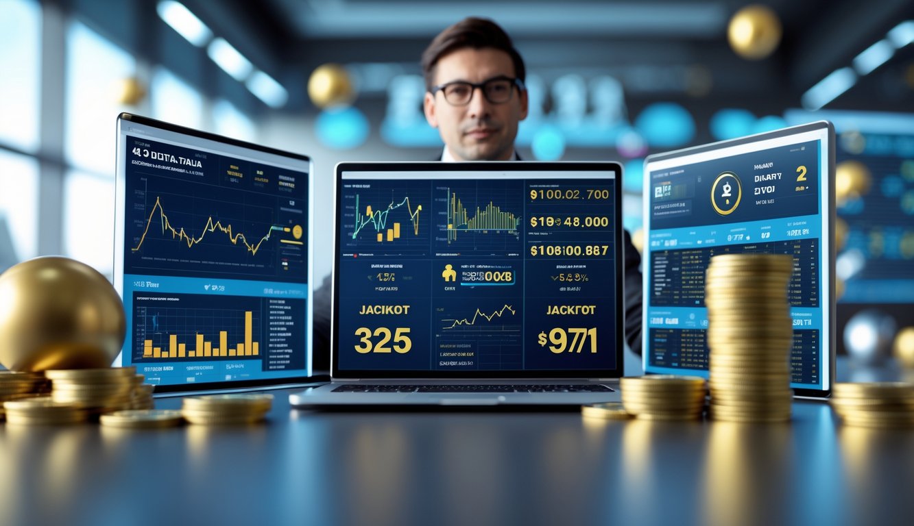 Seorang profesional di kantor modern sedang menganalisis data pada layar digital dengan grafik dan simbol terkait lotere.
