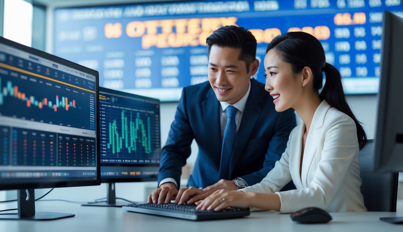 Dua profesional sedang bekerja bersama di kantor modern dengan layar komputer menampilkan grafik dan data prediksi togel.