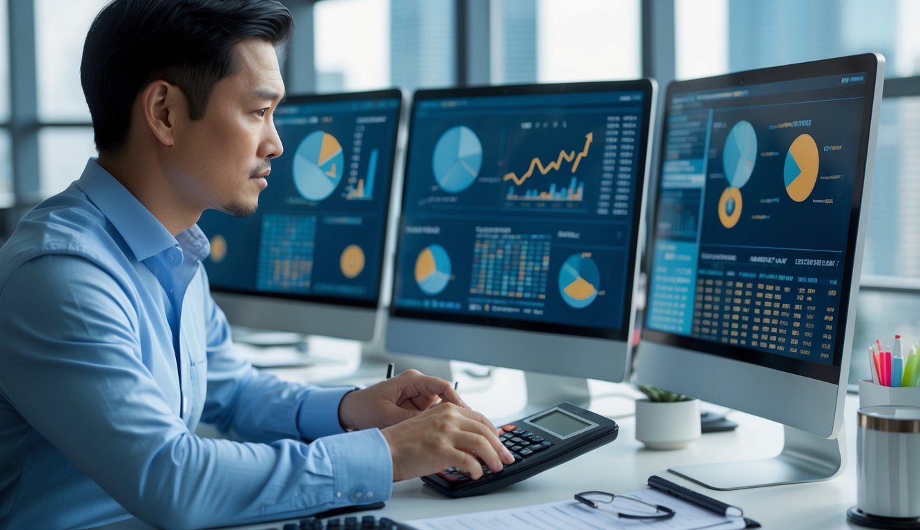 Seorang pria Asia di kantor modern sedang menganalisis data pada beberapa layar komputer dengan grafik dan angka, menunjukkan suasana kerja yang fokus dan terorganisir.