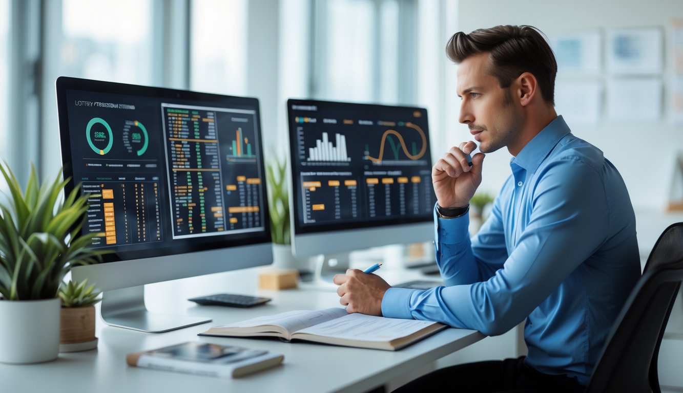 Seorang profesional sedang menganalisis data pada layar komputer di kantor modern dengan suasana terang dan rapi.