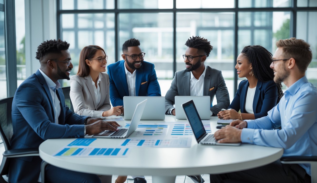 Sekelompok orang beragam berdiskusi di meja kantor modern dengan laptop dan grafik, terlihat fokus dan optimis.